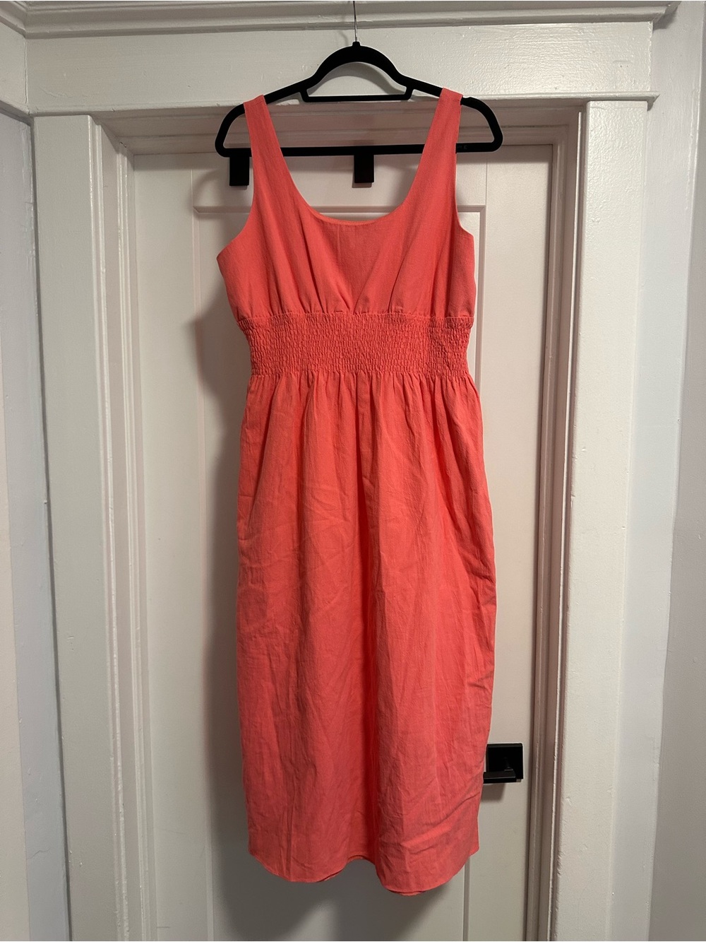 Pomander Place Coral Midi Dress with Smocked Waist